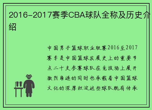 2016-2017赛季CBA球队全称及历史介绍