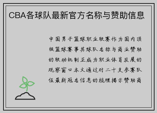 CBA各球队最新官方名称与赞助信息